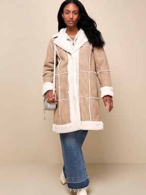 NEW Lulu's "Warm Love" Patchwork Shearling Coat, Size S